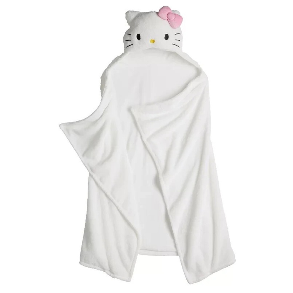 Hello Kitty By Sanrio White Hooded Blanket Large 40x60 Super Soft Plush‎ NWT